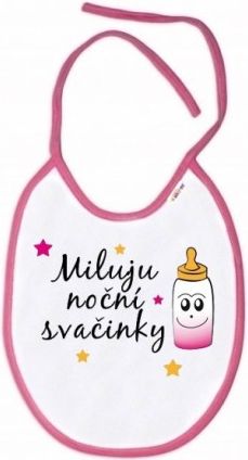 Baby Nellys Nepromokavý bryndáček Miluju noční svačinky, 24 x 27 cm-bílý s růžovým lemem - obrázek 1