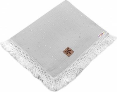 Baby Nellys Luxusní jednovrstvá mušelínová deka Stars s třásněmi, 70 x 100 cm, šedá - obrázek 1