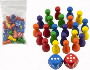 Figurky dřevo 25mm 24ks 6 barev+ 2 kostky společenská hra v sáčku 7x13cm - obrázek 1