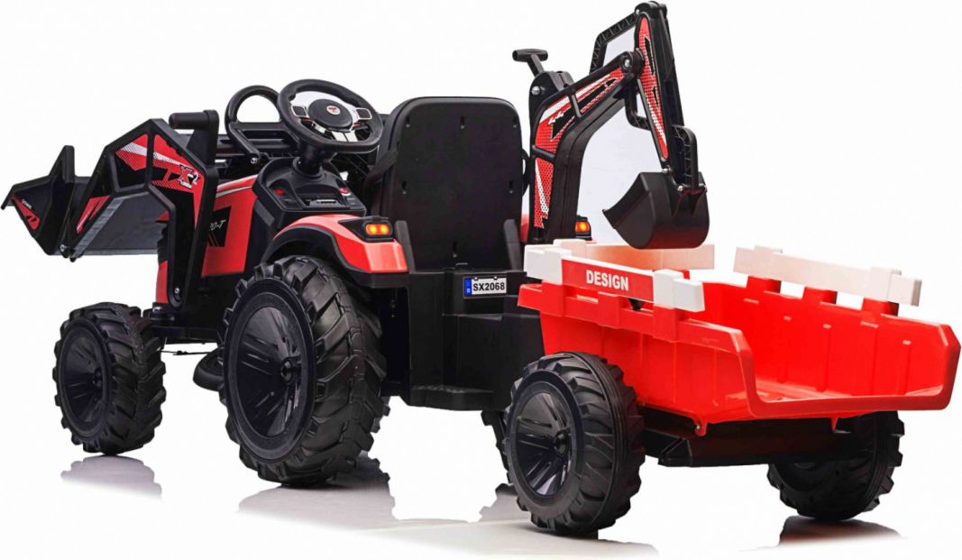 Dětský elektrický traktor STRONG s přívěsem červený - obrázek 2