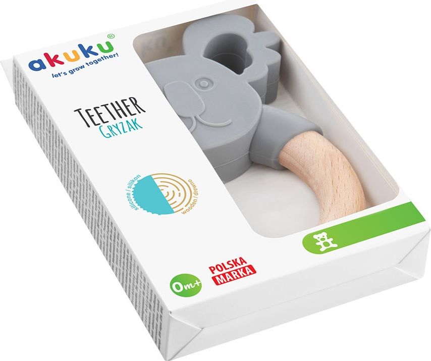 Akuku dětské dřevěno silikonové kousátko medvídek šedá - obrázek 2