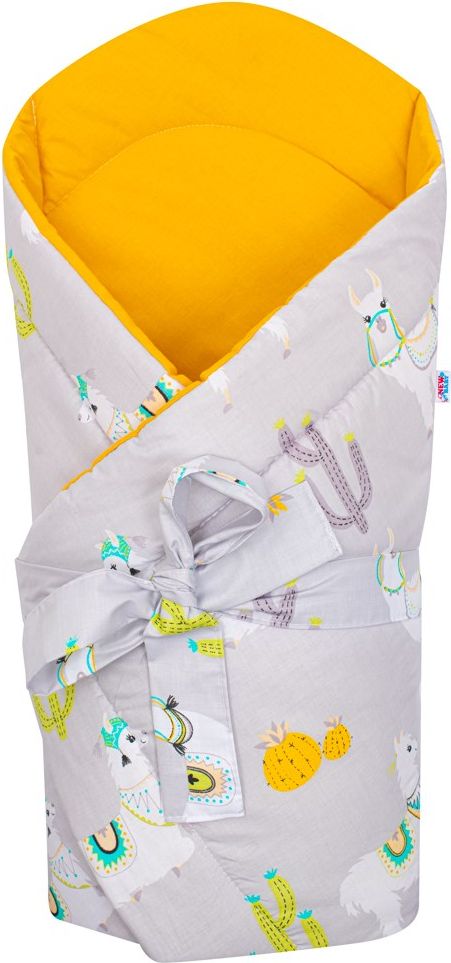 NEW BABY Zavinovačka s kokosovou výztuží a mašlí lama šedo-hořčicová 100% bavlna 75x75 cm - obrázek 1