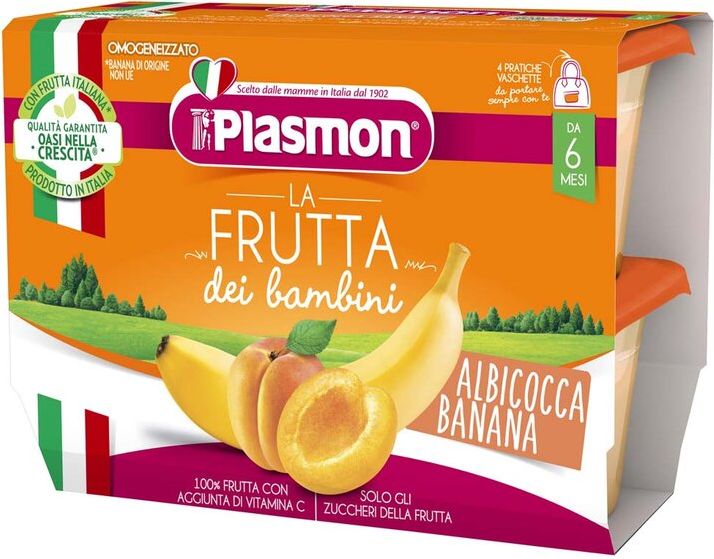 PLASMON Svačinka bezlepková ovocná meruňka a banán v aseptických nádobkách 4x100 g, 6m+ - obrázek 1