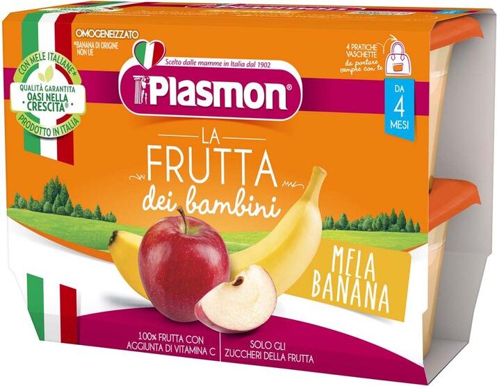 PLASMON Svačinka bezlepková ovocná jablko a banán v aseptických nádobkách 4x100 g, 4m+ - obrázek 1