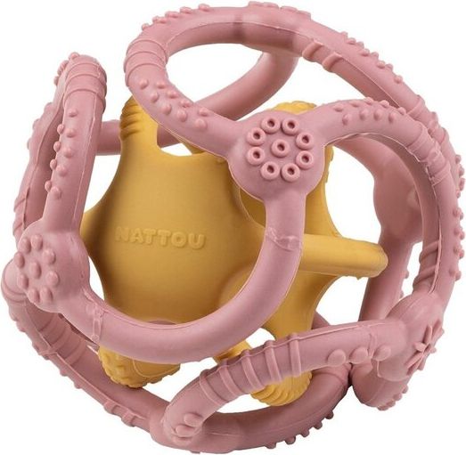 NATTOU Kousátko silikonový míč 2v1 bez BPA 10 cm žluto-růžový - obrázek 1