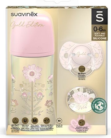 SUAVINEX Gold set 270 ml + dudlík fyziologický 0/6 + klip růžová - obrázek 1