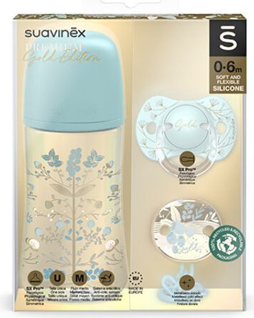 SUAVINEX Gold set 270 ml + dudlík fyziologický 0/6 + klip modrá - obrázek 1