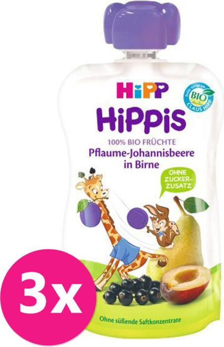3x HIPP HiPPiS BIO 100% ovoce Hruška-Černý rybíz-Švestka 100 g - ovocný příkrm - obrázek 1