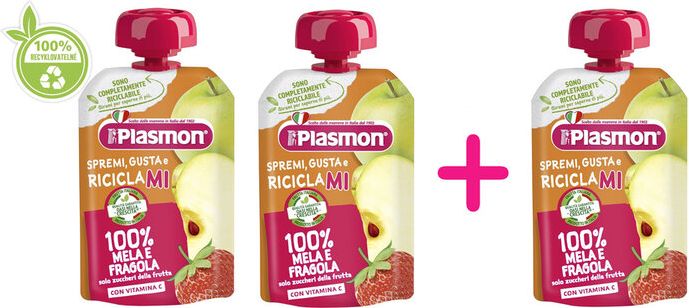 2+1 PLASMON Kapsička bezlepková ovocná jablko a jahoda 100 g, 6m+ - obrázek 1