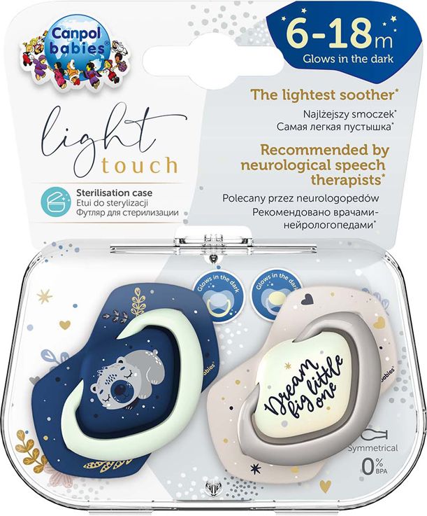 CANPOL BABIES Set symetrických silikonových dudlíků Light touch 6-18m Sleepy koala modrý - obrázek 2
