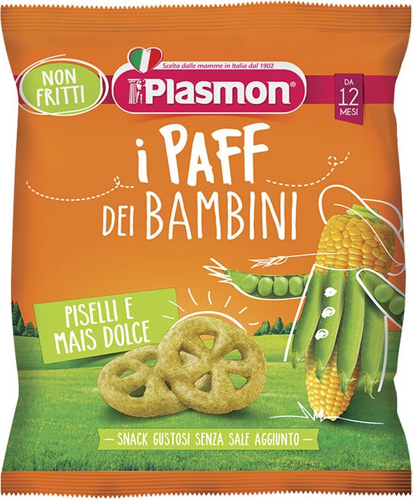 PLASMON Křupky bezlepkové zeleninové na cesty Paff hrášek 56% a kukuřice 12m+ 15 g - obrázek 1