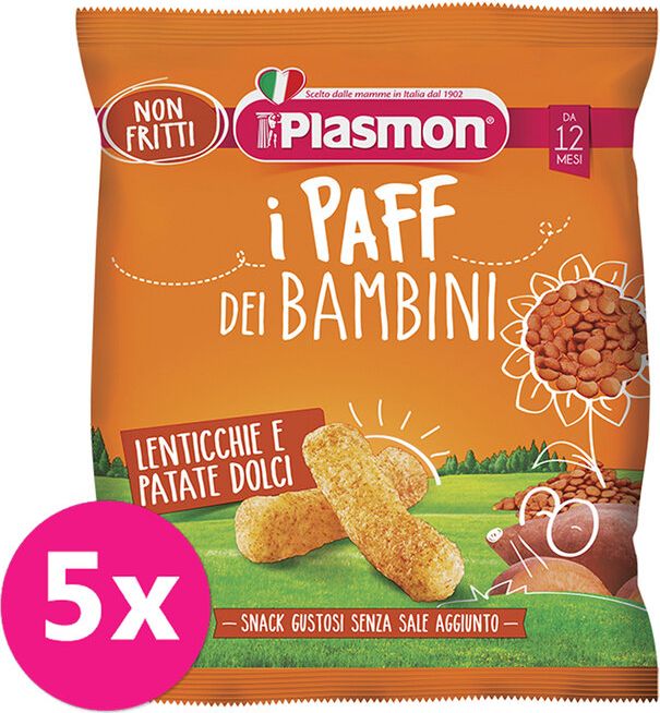 5x PLASMON Křupky zeleninové bezlepkové na cesty Paff 63% čočka a batáty 15g, 12m+ - obrázek 1
