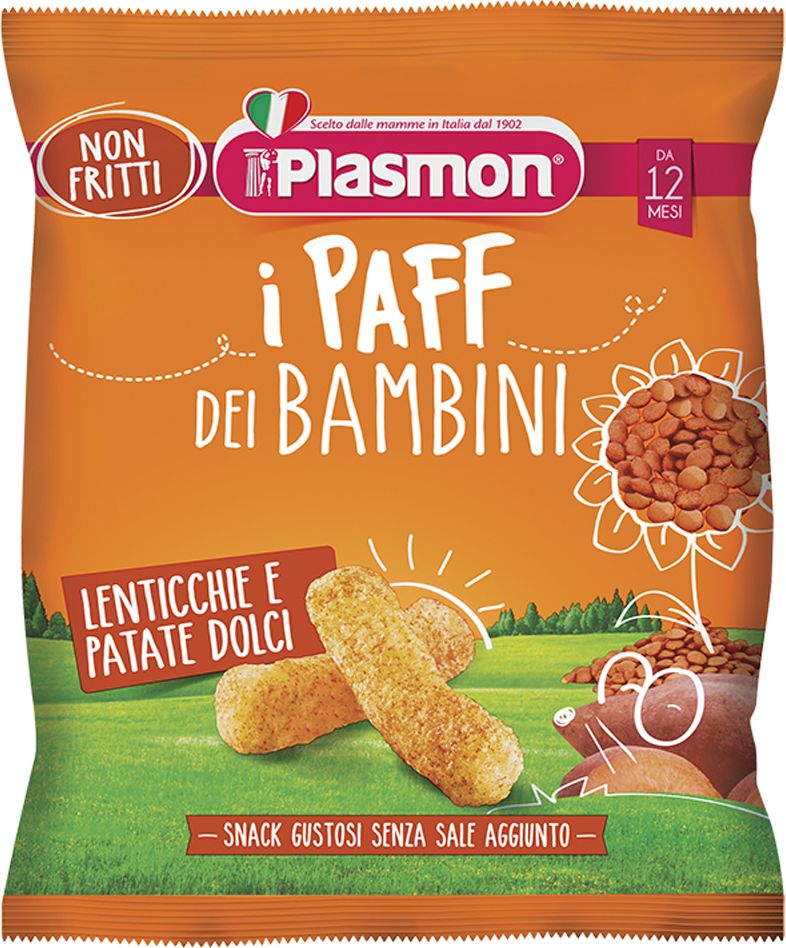 5x PLASMON Křupky zeleninové bezlepkové na cesty Paff 63% čočka a batáty 15g, 12m+ - obrázek 2
