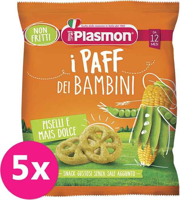 5x PLASMON Křupky zeleninové bezlepkové na cesty Paff hrášek 56% a kukuřice 15g, 12m+ - obrázek 1