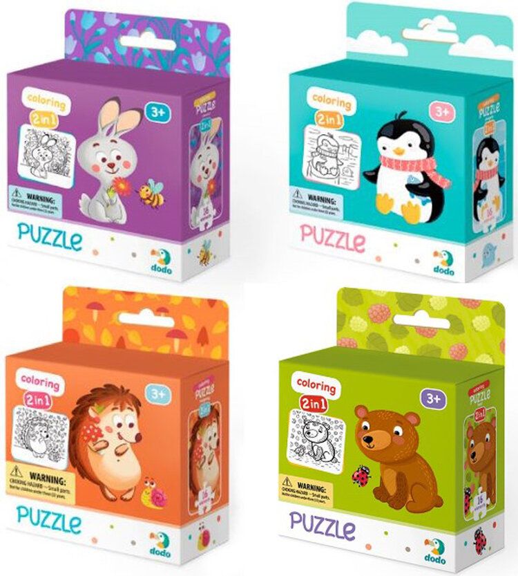 DODO Puzzle s omalovánkou 16 dílků MIX 4 kusů (Ježek, Zajíček, Medvídek, Tučňák) - obrázek 1