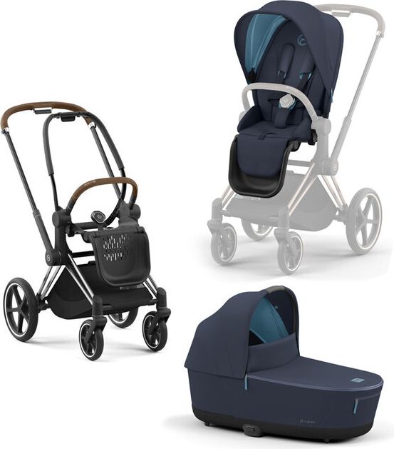 CYBEX Kočárek Priam 4.0 Chrome Brown, seat pack, lux carry cot Nautical Blue - obrázek 1