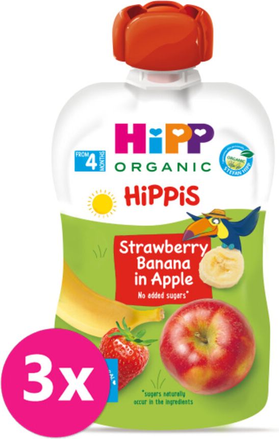 3x HiPP HiPPiS BIO 100% ovoce Jablko-Banán-Jahoda 100 g – ovocný příkrm - obrázek 1