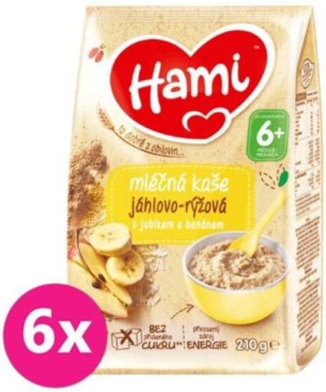 6x HAMI Kaše mléčná jáhlovo-rýžová s jablkem a banánem 210 g, 6+ - obrázek 1