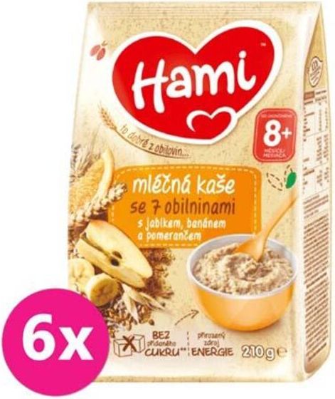 6x HAMI Kaše mléčná se 7 obilninami s jablkem, banánem a pomerančem 210 g, 8+ - obrázek 1