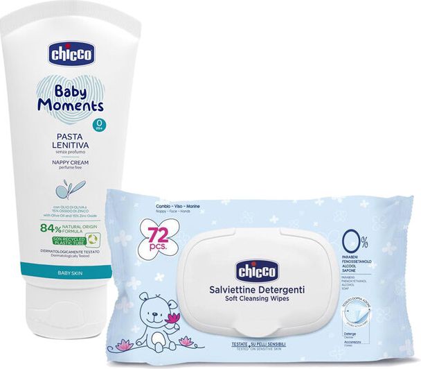 CHICCO Krém na dětský zadeček 100 ml + Dětské čisticí vlhčené ubrousky, 72 ks - obrázek 1