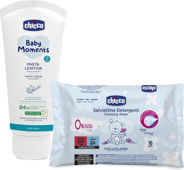 CHICCO Krém na dětský zadeček 100 ml + Dětské čisticí vlhčené ubrousky, 16 ks - obrázek 1