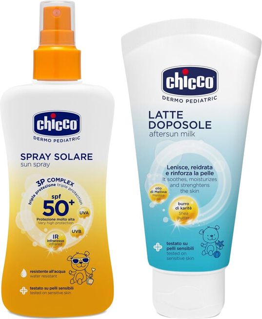 CHICCO Dětský sprej na opalování SPF 50+ 150ml + Dětské mléko po opalování 150ml - obrázek 1