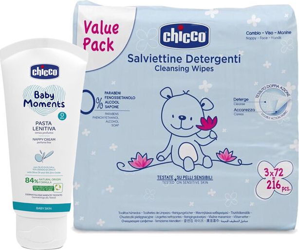 CHICCO Krém na dětský zadeček 100 ml + Dětské čisticí vlhčené ubrousky, 3x72 ks - obrázek 1