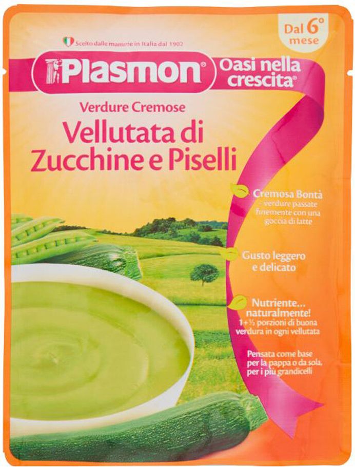 PLASMON Polévka krémová bezlepková zeleninová s cuketou a hráškem 6m+ 180 g - obrázek 1