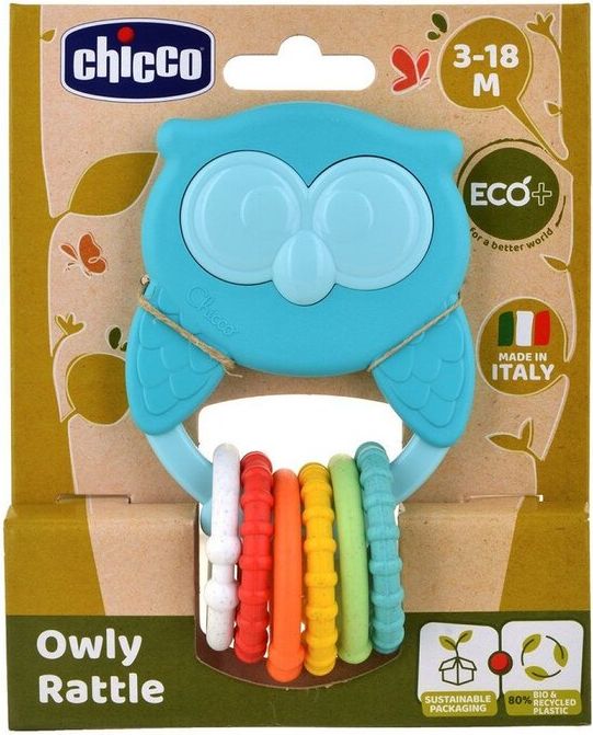 CHICCO Kousátko s chrastítkem se senzorickými kroužky Eco+ Sova Owly 3m+ - obrázek 1