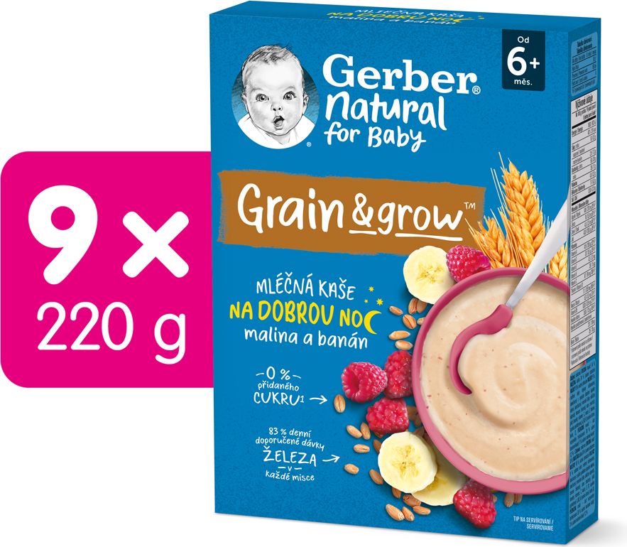 GERBER Natural mléčná kaše pšenično-ovesná malina a banán 9 x 220 g - obrázek 2
