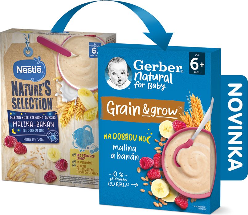 GERBER Natural mléčná kaše pšenično-ovesná malina a banán 9 x 220 g - obrázek 3