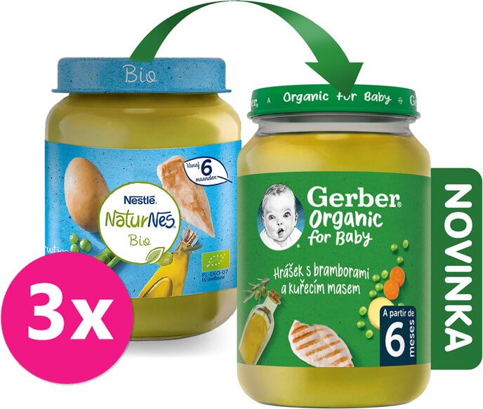 GERBER Organic dětský příkrm hrášek s bramborami a kuřecím masem​ ​3 x 190 g​​ - obrázek 1