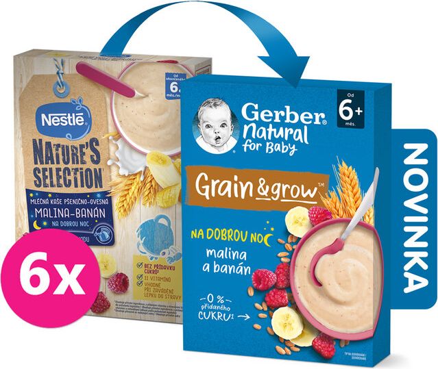 GERBER Natural mléčná kaše pšenično-ovesná malina a banán 6 x 220 g - obrázek 1