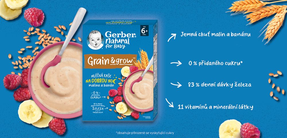 GERBER Natural mléčná kaše pšenično-ovesná malina a banán 6 x 220 g - obrázek 6