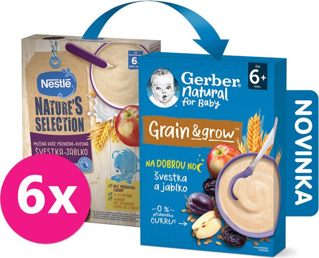 GERBER Natural mléčná kaše pšenično-ovesná jablko a švestka 6 x 220 g - obrázek 1