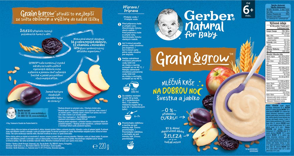 GERBER Natural mléčná kaše pšenično-ovesná jablko a švestka 6 x 220 g - obrázek 5
