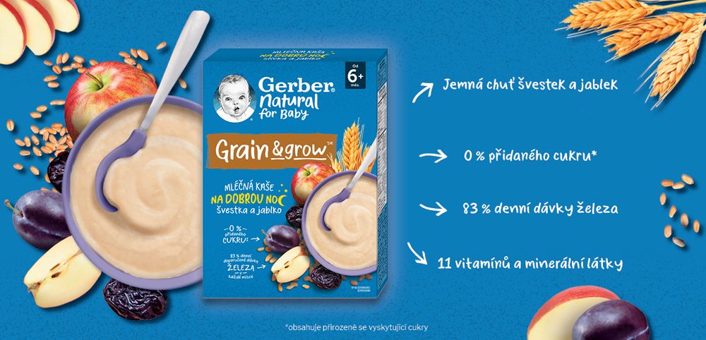 GERBER Natural mléčná kaše pšenično-ovesná jablko a švestka 6 x 220 g - obrázek 6