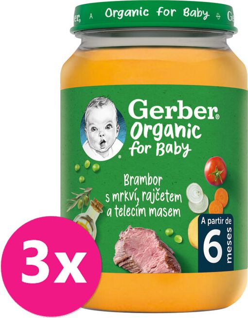 GERBER Organic dětský příkrm zelenina s telecím masem 3 x 190 g​ - obrázek 1