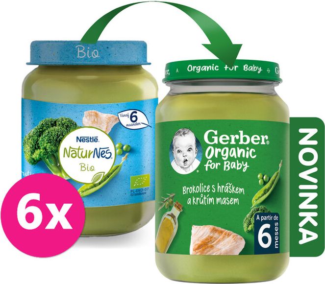 GERBER Organic dětský příkrm brokolice s hráškem a krutím masem 6x190 g​ - obrázek 1
