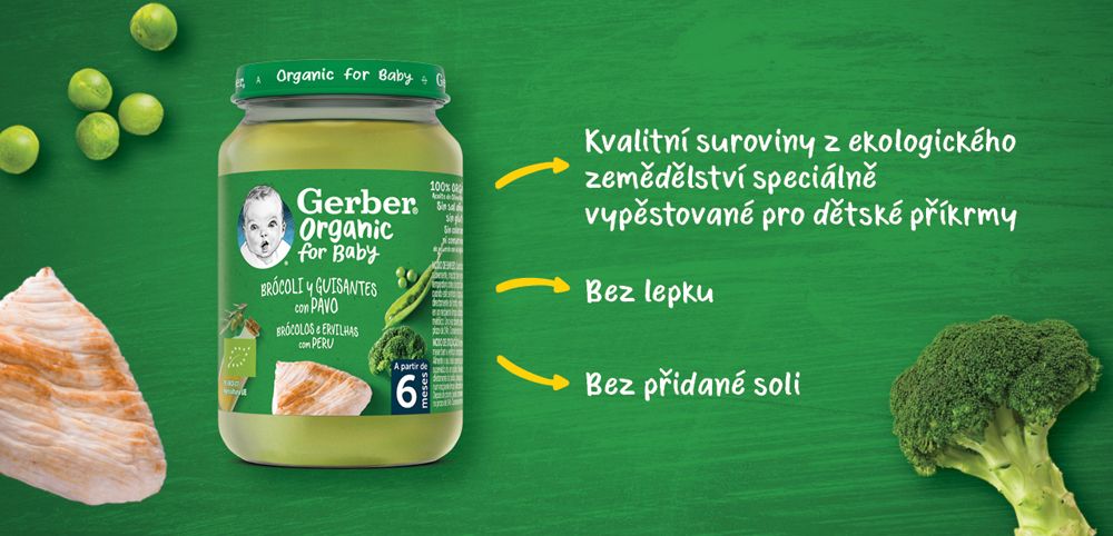 GERBER Organic dětský příkrm brokolice s hráškem a krutím masem 6x190 g​ - obrázek 5
