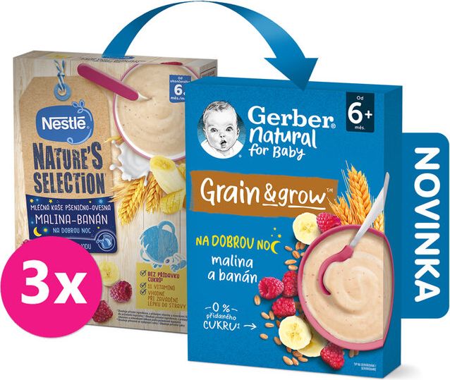 GERBER Natural mléčná kaše pšenično-ovesná malina a banán 3 x 220 g - obrázek 1