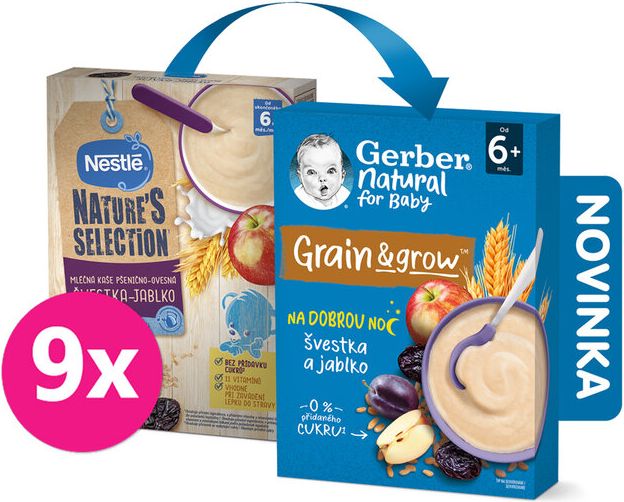 GERBER Natural mléčná kaše pšenično-ovesná jablko a švestka 9 x 220 g - obrázek 1