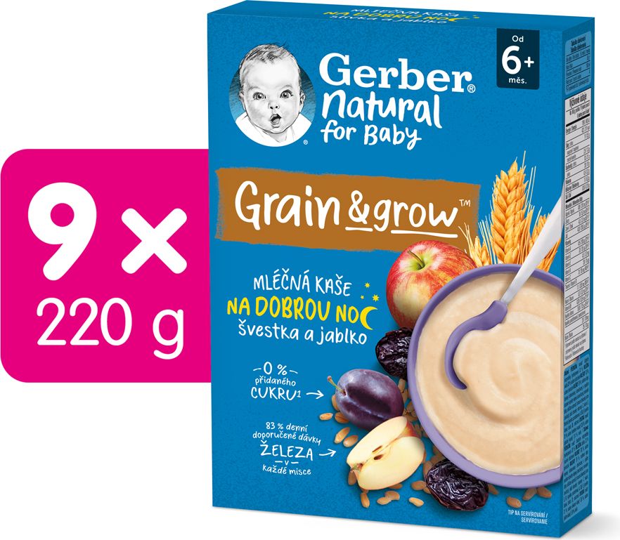 GERBER Natural mléčná kaše pšenično-ovesná jablko a švestka 9 x 220 g - obrázek 2