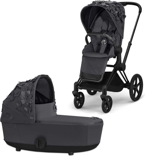 CYBEX Kočárek kompletní Priam Matt Black + seat pack + lux carry cot Flowers Dark Grey - obrázek 1
