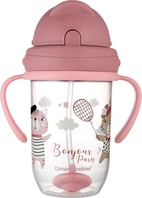 CANPOL BABIES Hrneček nevylévací se slámkou a závažím 270 ml Bonjour Paris růžový, 6m+ - obrázek 1