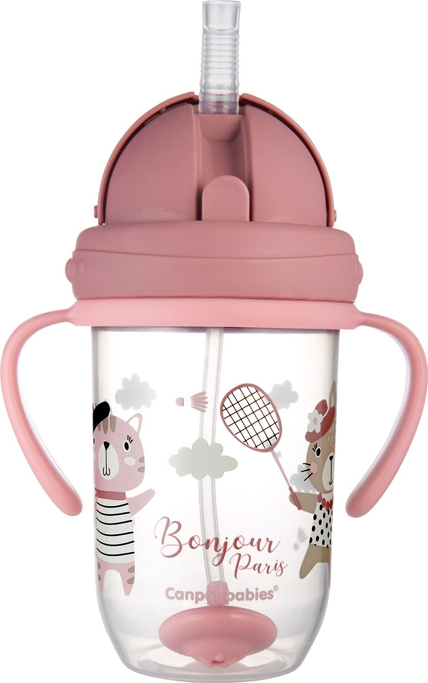 CANPOL BABIES Hrneček nevylévací se slámkou a závažím 270 ml Bonjour Paris růžový, 6m+ - obrázek 2