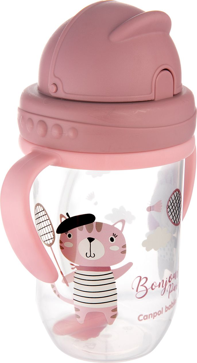 CANPOL BABIES Hrneček nevylévací se slámkou a závažím 270 ml Bonjour Paris růžový, 6m+ - obrázek 3