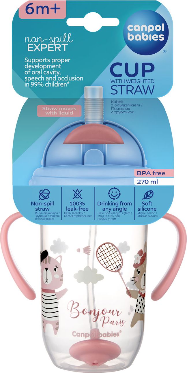 CANPOL BABIES Hrneček nevylévací se slámkou a závažím 270 ml Bonjour Paris růžový, 6m+ - obrázek 5