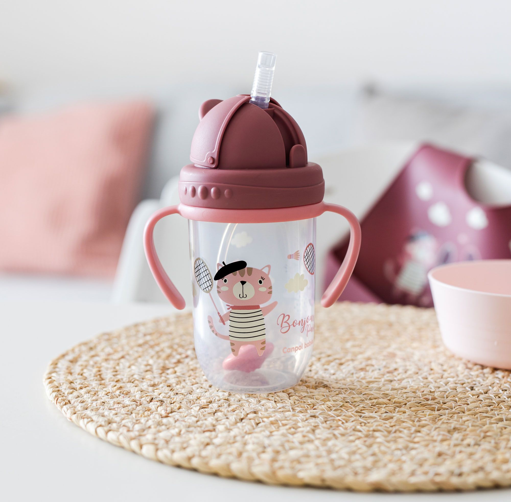 CANPOL BABIES Hrneček nevylévací se slámkou a závažím 270 ml Bonjour Paris růžový, 6m+ - obrázek 6