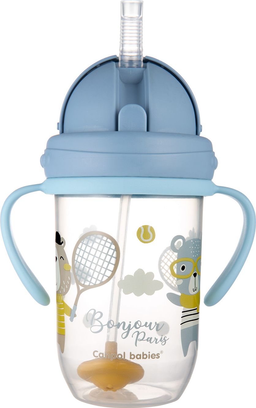 CANPOL BABIES Hrneček nevylévací se slámkou a závažím 270 ml Bonjour Paris modrý, 6m+ - obrázek 2